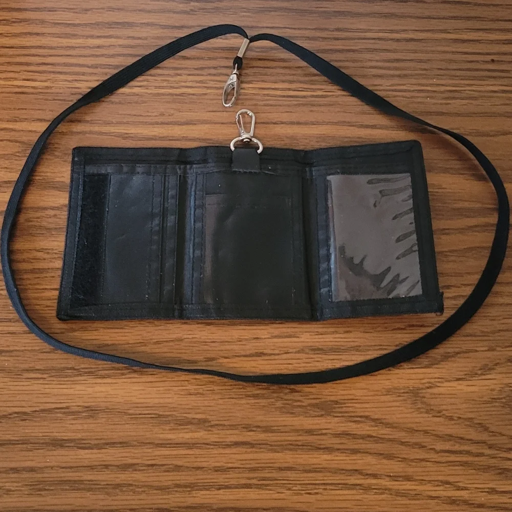 2 pc SET! RFID Blocking Blue Camo Canvas Trifold Wallet & Black Lanyard Strap.